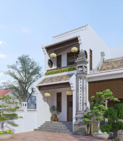 中式古建筑外观门头徽派建筑　松树景观植物盆栽